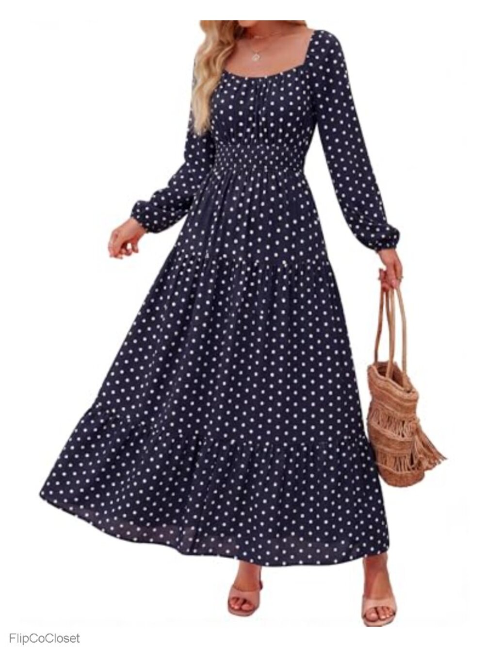 BTFBM Women's Long Sleeve Boho Floral Square Neck Smocked Empire Waist Maxi